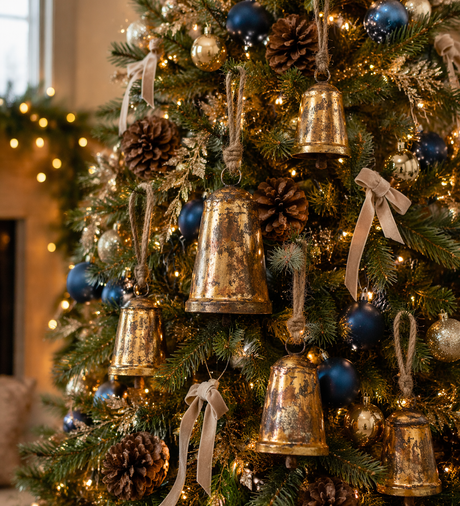 Antique Gold Country Bell Ornament on Jute Cord, additional view