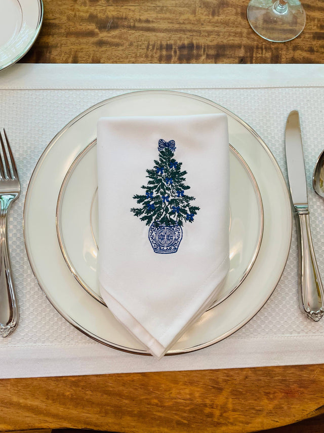 Embroidered Napkin - Single - Chinoiserie Tree Blue Bows