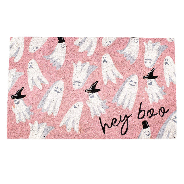 18"x30" Hey Boo Ghost Coir Doormat | Light Pink/White/Black