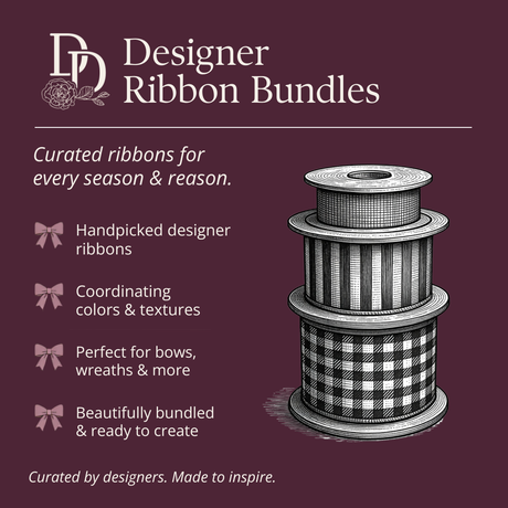 Promotional graphic for Designer Ribbon Bundles on a dark plum background, featuring text describing curated handpicked ribbons and a black-and-white illustration of three stacked ribbon spools.