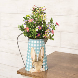 10.5" Blue & White Gingham Check Peeking Bunny Metal Pitcher