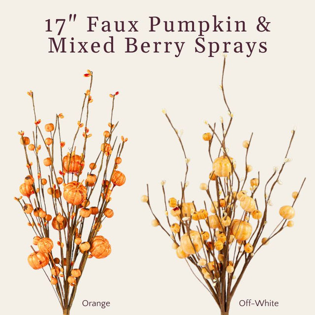 17" Fall Faux Pumpkin and Mixed Berry Stem | Orange or Off-White