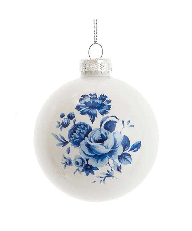 80MM/3.15" Indigo Blue & White Floral Shiny Baubles | Set of 6