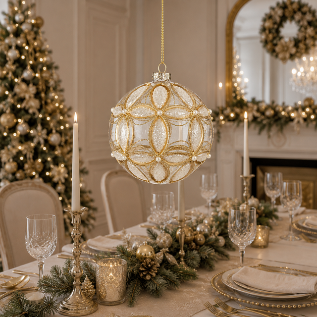 4" Clear/Gold Etched Ball Ornament