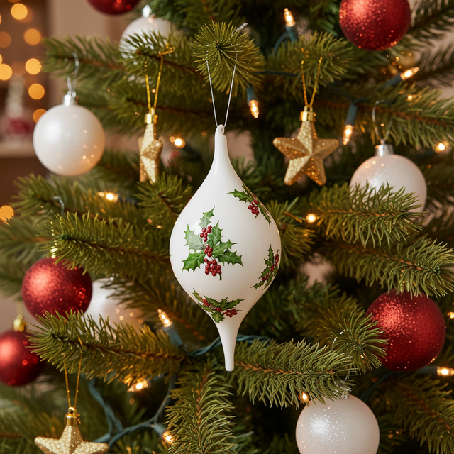 13" Holly Berry White Glass Christmas Ornament