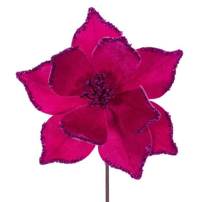 A 21.5-inch hot pink poinsettia stem with velvet petals edged in glitter, against a white background.