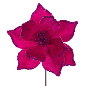 A 21.5-inch hot pink poinsettia stem with velvet petals edged in glitter, against a white background.