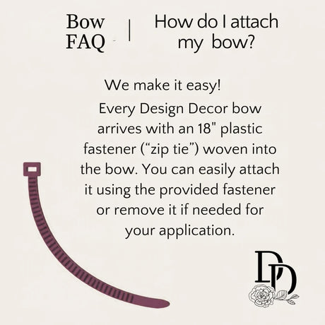 How to attach a Design Decor hand-tied Christmas bow - includes an 18" zip tie fastener woven in for easy hanging on wreaths and garland