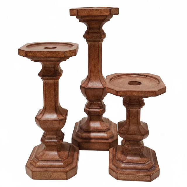 Brown Wood Taper/Pillar Candle Holders | Set of 3