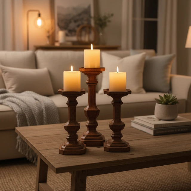Brown Wood Taper/Pillar Candle Holders | Set of 3
