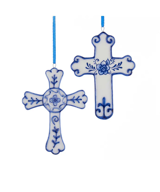 4" Porcelain Delft Blue Cross Ornament | Two Styles Available
