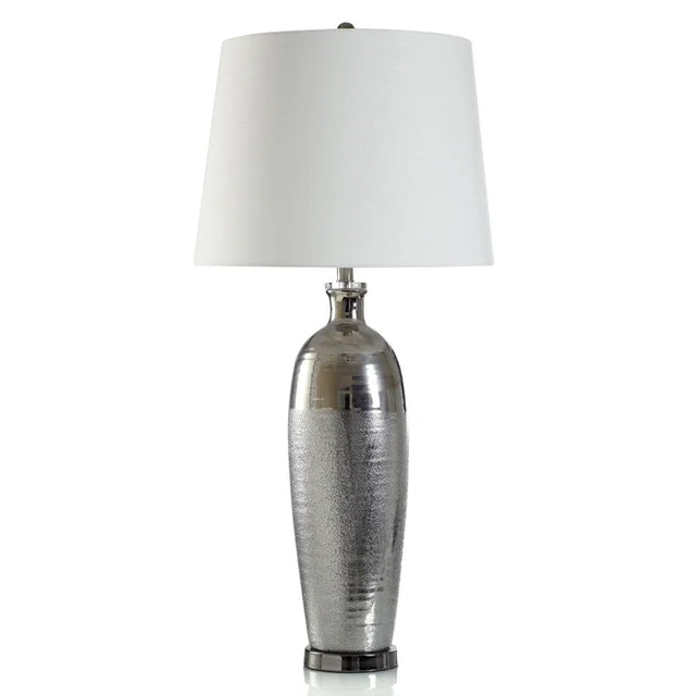 METALLIC SILVER TABLE LAMP | Two Tone Matte and Polished Ceramic and Steel Body | 38in ht
