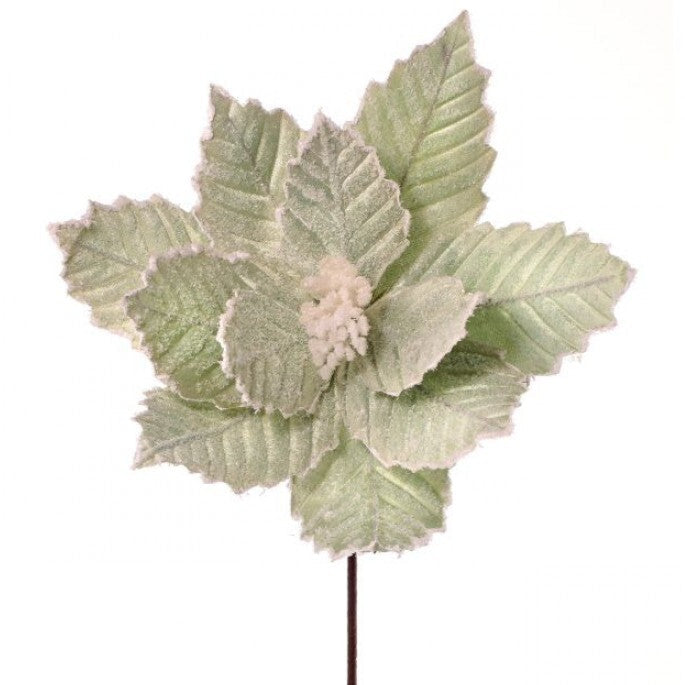 A 24 inch artificial poinsettia stem with mint green leaves and a snow edge, on a brown stem.