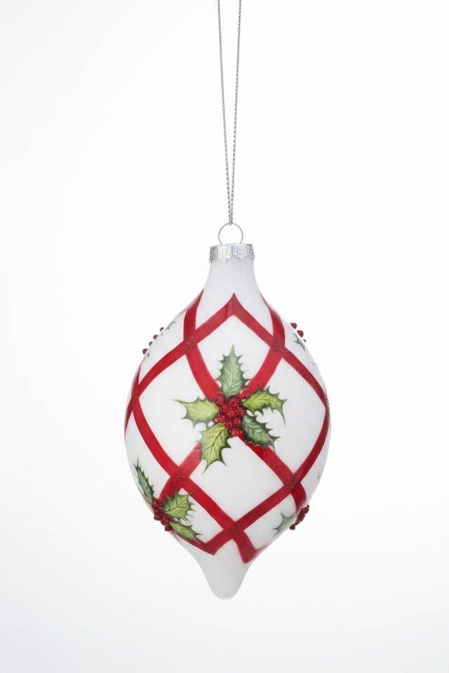 5-7" Glass Weave-Holly Ball-Finial Ornament