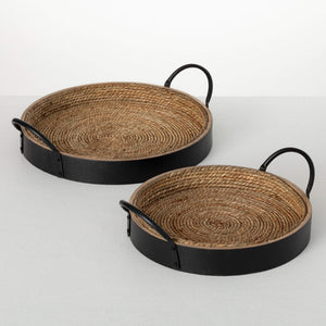 11" Round Wood & Seagrass Tray