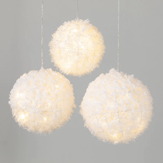 White Lighted Ball Ornament Set/3 | 8.25" 7.25" 6.25" | Battery Operated w/Timer