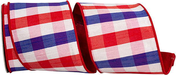 4"x10YDS Red White Blue Gingham Wired Ribbon