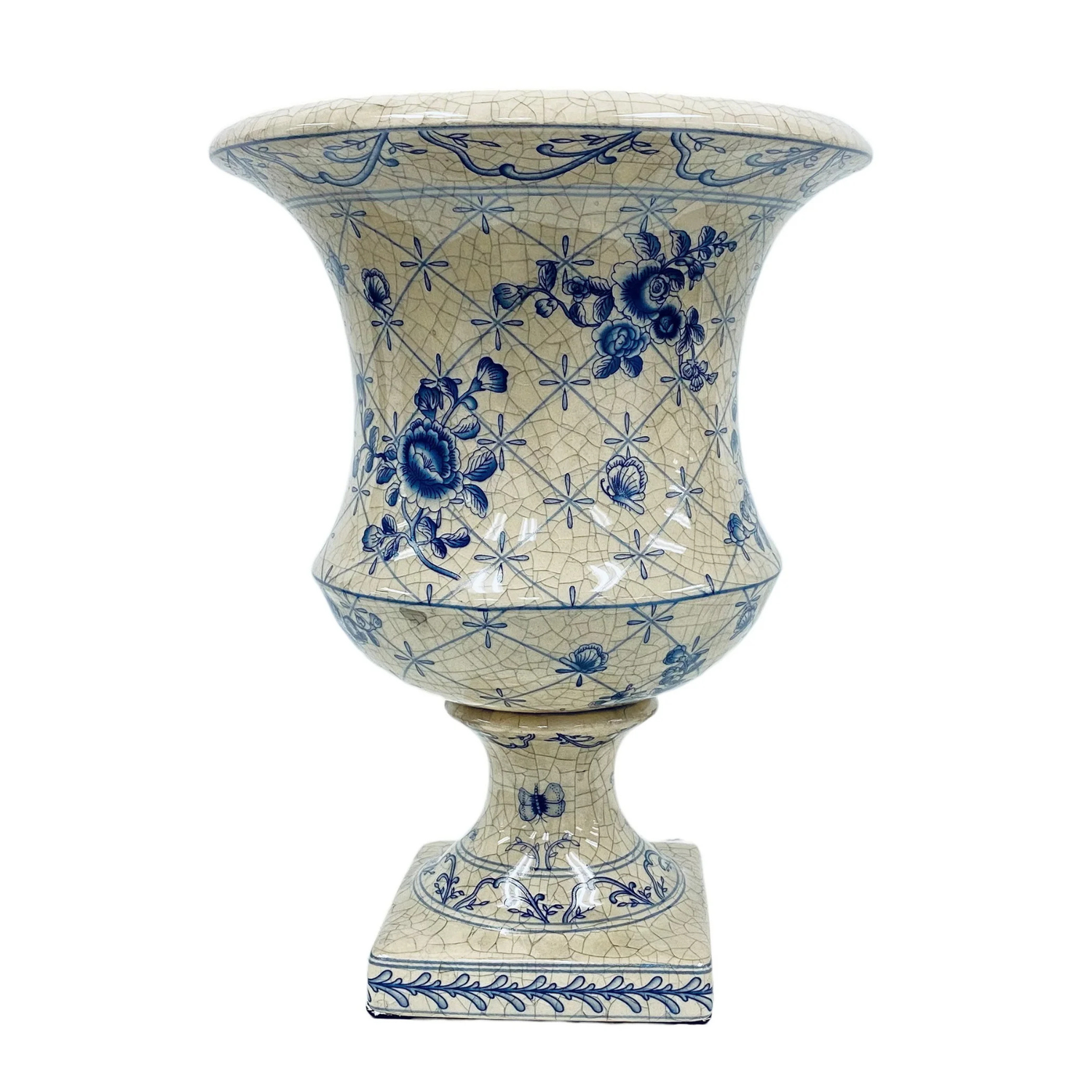 Blue & White Floral Pedestal Urn – 10"