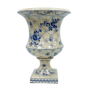 Blue & White Floral Pedestal Urn – 10"