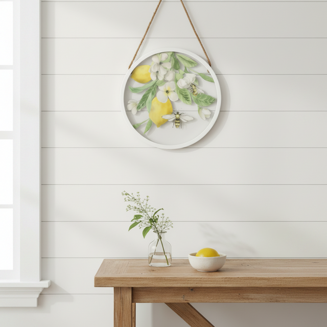 15.75" Hanging Round Framed Lemon & Bee