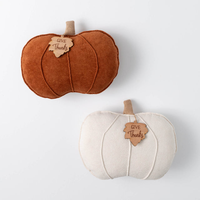 15" Pumpkin with Leaf Pillow | Burnt Orange or Cream