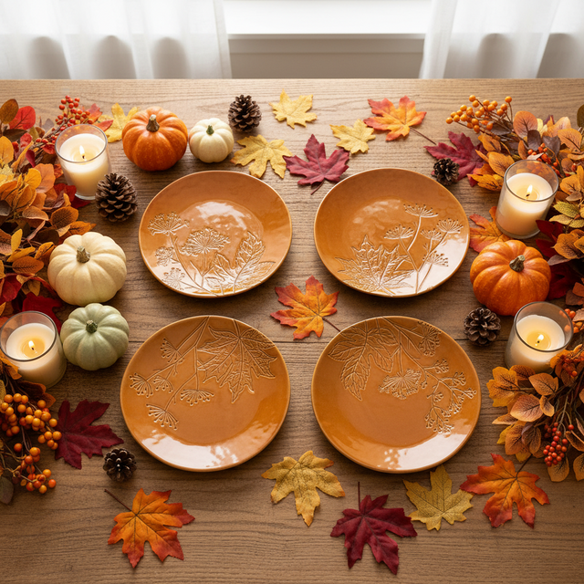 8" Embossed Botanical Stoneware Plates | Set of 4
