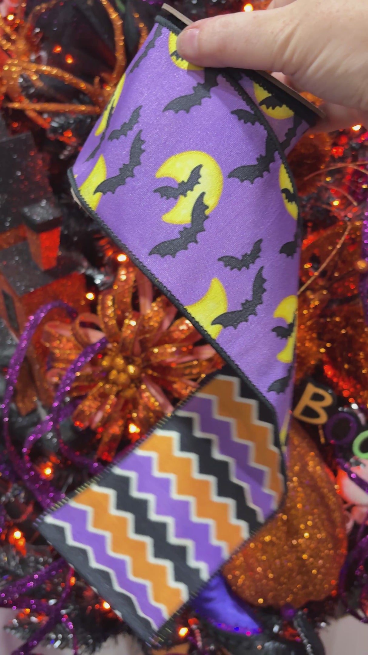 4" x 10 YDS Dupion Halloween Bats/Moon Ribbon with Chevron Backing