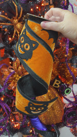 4" x 5YDS Halloween Black Cat/Bat Velvet Ribbon in Orange & Black