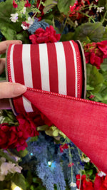 4" Red/White Horizontal Stripe Canvas Wired Edge Ribbon- 5 Yards