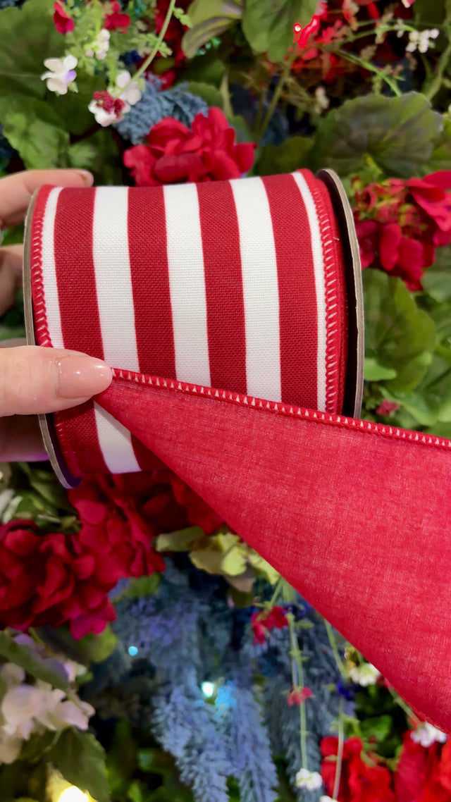 4" Red/White Horizontal Stripe Canvas Wired Edge Ribbon- 5 Yards