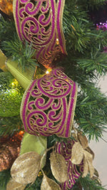 3.5" x 10 Yards Hot Pink Metallic Scroll Garland Ribbon