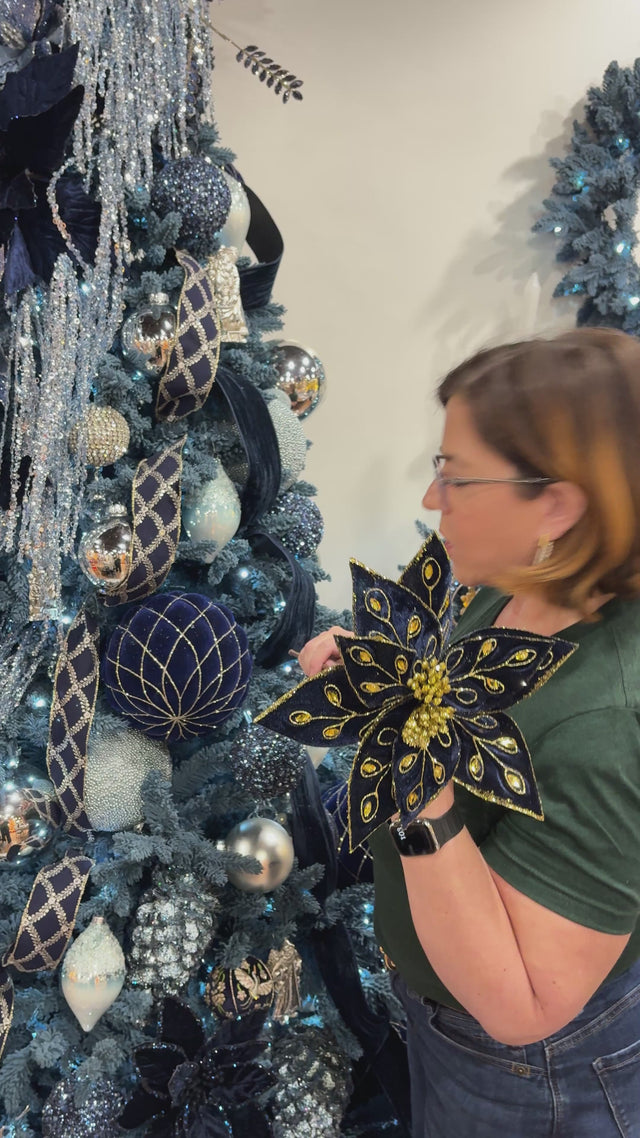 22" Bejeweled Poinsettia Stem | Available in Green & Midnight Blue