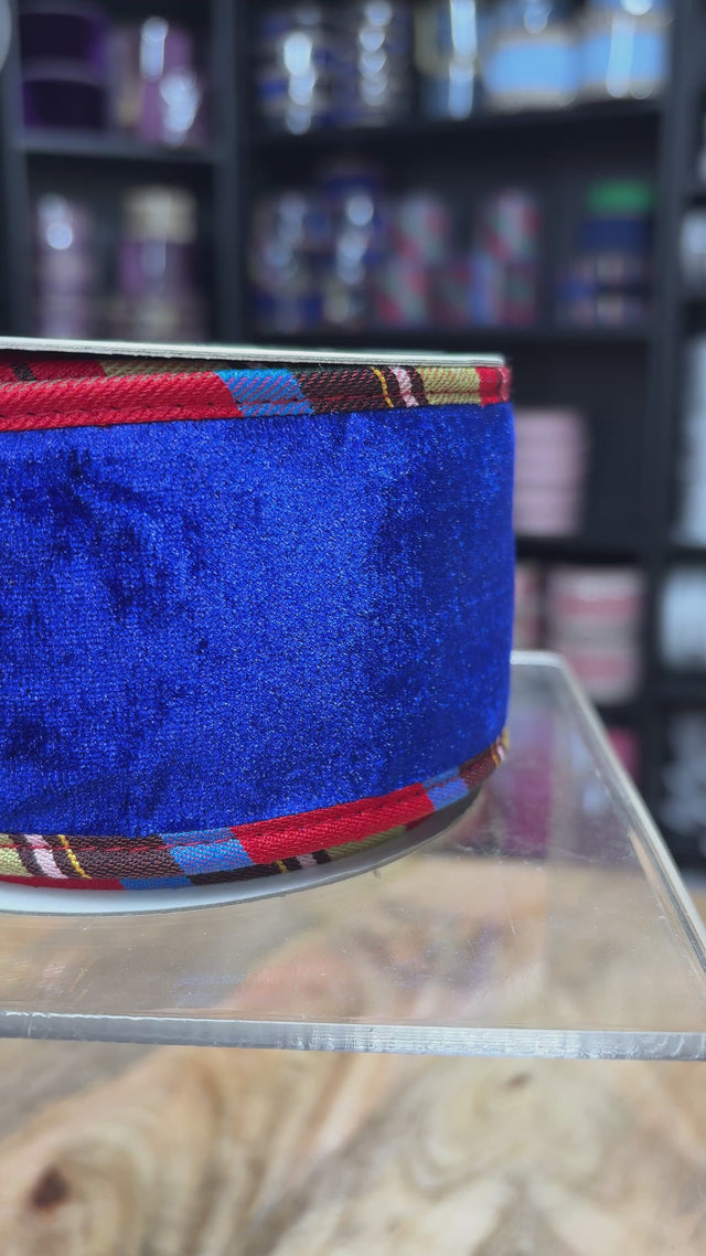 2.5" x 5 YDS Royal Blue Sheldon Ribbon with Plaid Backing & Piping