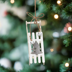 9" Grey-White Wooden Sled Ornament with Jingle Bells and Twine