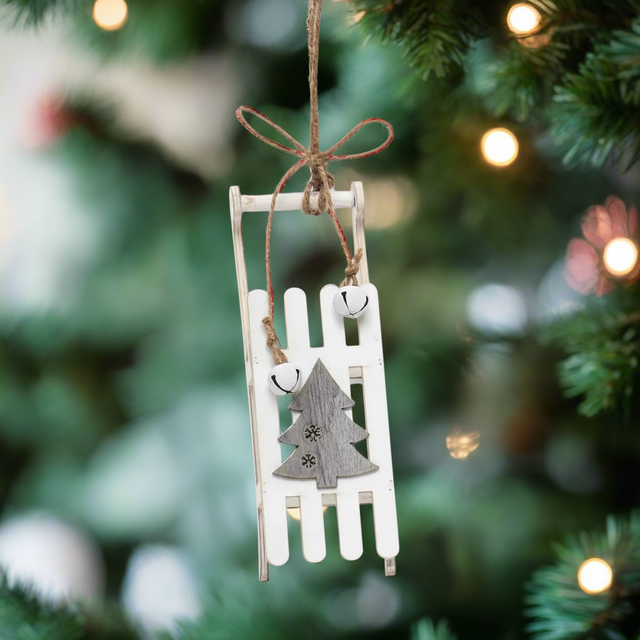 9" Grey-White Wooden Sled Ornament with Jingle Bells and Twine