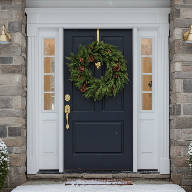A dark navy blue front door with a green pine wreath decorated with pinecones and a gold ornament, set in a snowy entryway with white trim and stone walls.