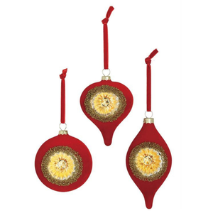 Set of 3 Vintage Red Reflector Glass Ornaments