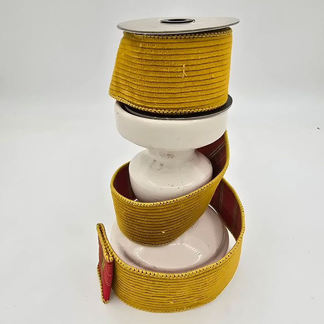 2.5" x 5yds Corduroy Mustard Ribbon with Plaid Back