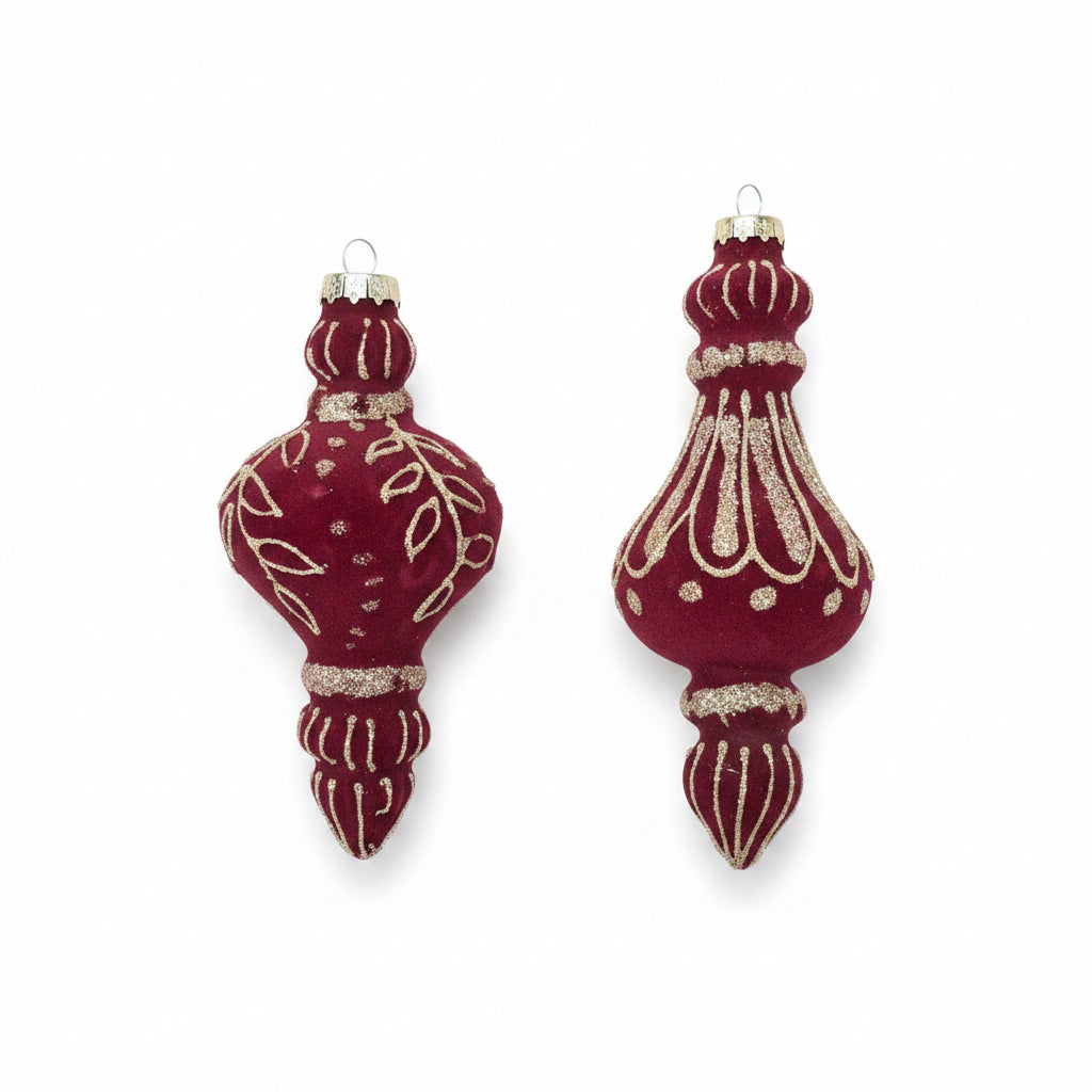 5.5" Burgundy Glass Flock Glitter Finial Ornament