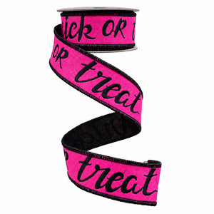 1.5" x 5 YDS Black Felt Trick or Treat Ribbon | Available in Hot Pink or Purple