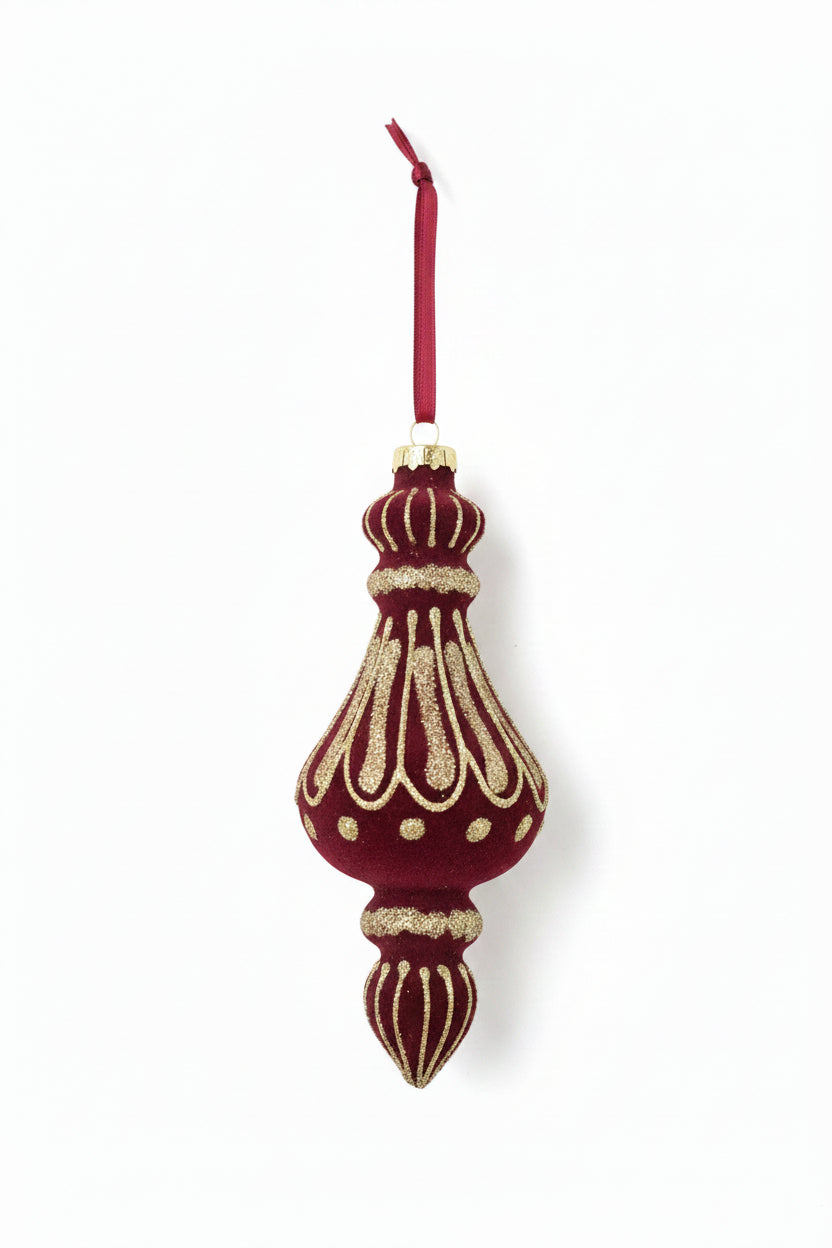 5.5" Burgundy Glass Flock Glitter Finial Ornament