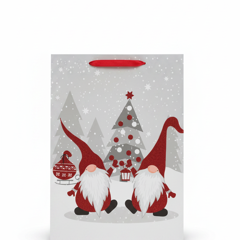 Giftbag paper rectangular red glitter gnome
