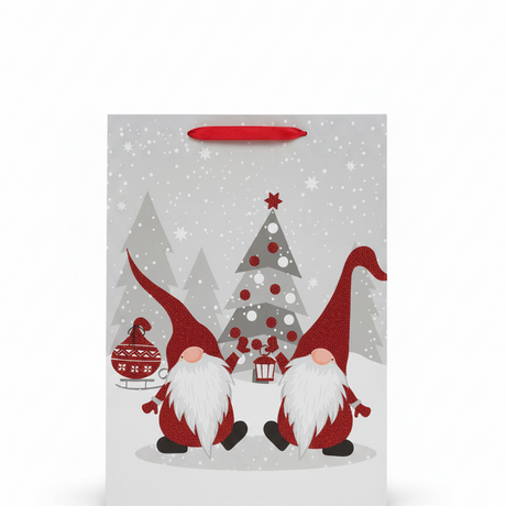 Giftbag paper rectangular red glitter gnome