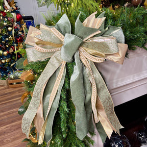 20 inch Sage and Splendor hand-tied Christmas designer bow with sage green velvet, gold metallic and pearl-beaded ribbon, on a garland