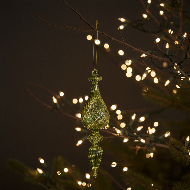 11" Green Glass Clear Finial Twisted Stripe Ornament