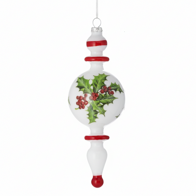 8.3" Milk Glass Holly Jewel Finial Ornament