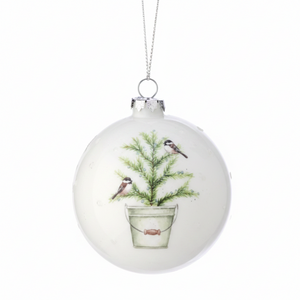 5" White Glass/ Birds on Tree/ Ornament