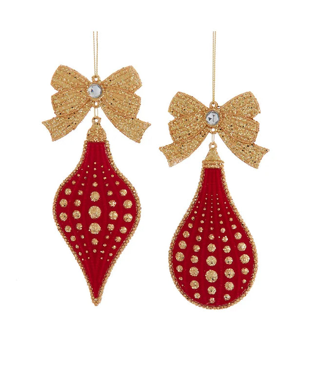 6.2" Red & Gold Drop Ornament with Bow | Two Styles Available