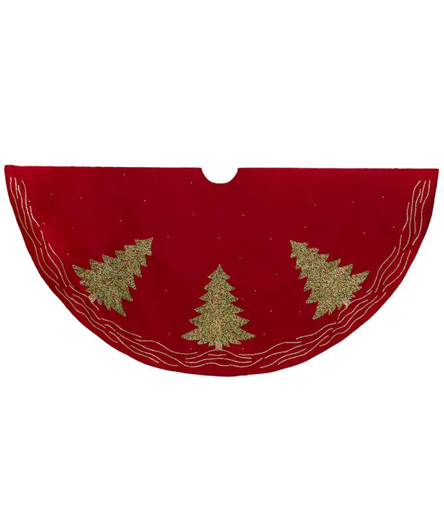 60" Red Dupion Embroidered Trees Tree Skirt