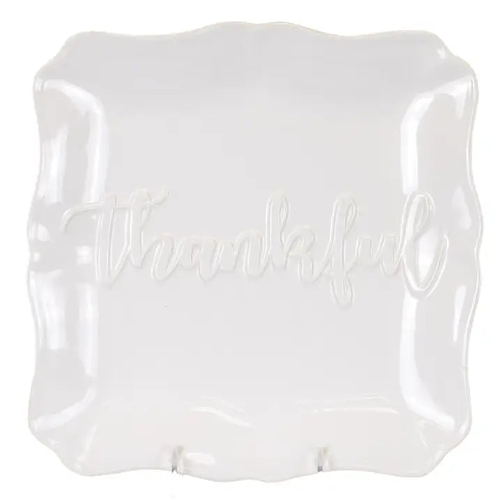 11.5" White Thankful Embossed Platter | Ceramic Serveware